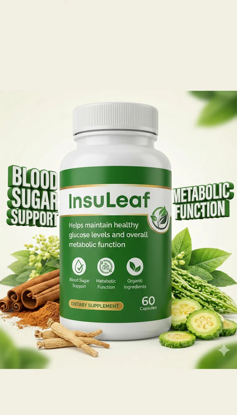 InsuLeaf dietary supplement bottle for blood sugar and metabolism support.