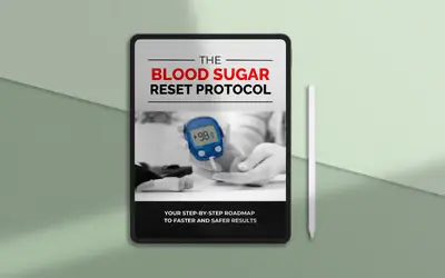 Tablet displaying The Blood Sugar Reset Protocol e-book cover, described as a step-by-step roadmap for faster results.